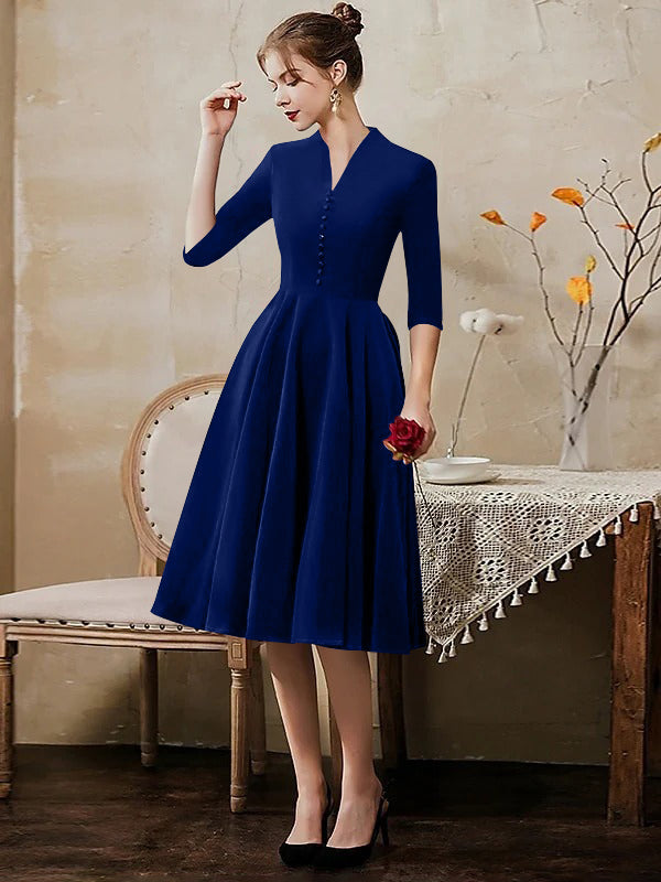 A-Line/Princess V-Neck Half Sleeves Tea-Length Cocktail Dresses with Sleek