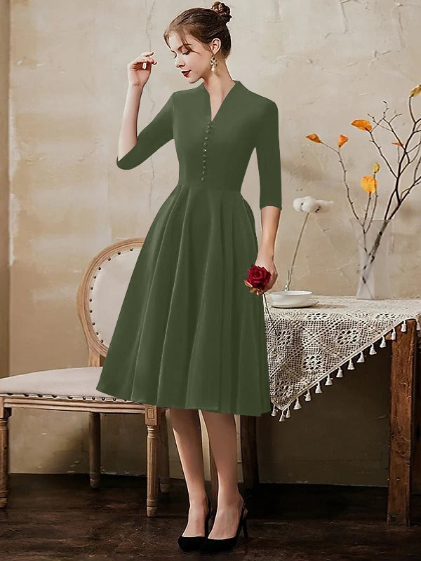 A-Line/Princess V-Neck Half Sleeves Tea-Length Cocktail Dresses with Sleek