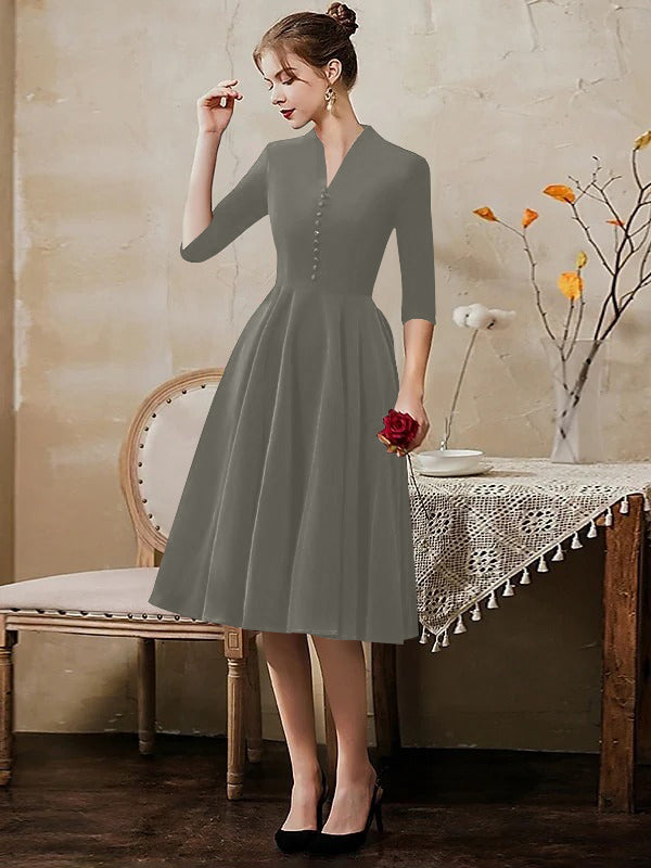 A-Line/Princess V-Neck Half Sleeves Tea-Length Cocktail Dresses with Sleek