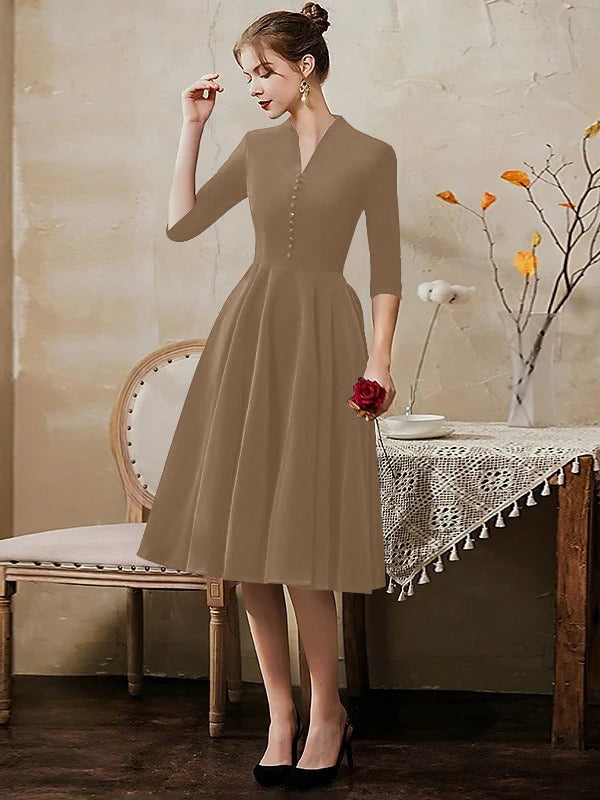 A-Line/Princess V-Neck Half Sleeves Tea-Length Cocktail Dresses with Sleek