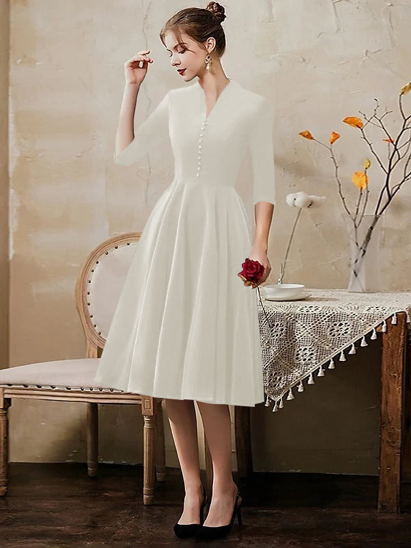 A-Line/Princess V-Neck Half Sleeves Tea-Length Cocktail Dresses with Sleek