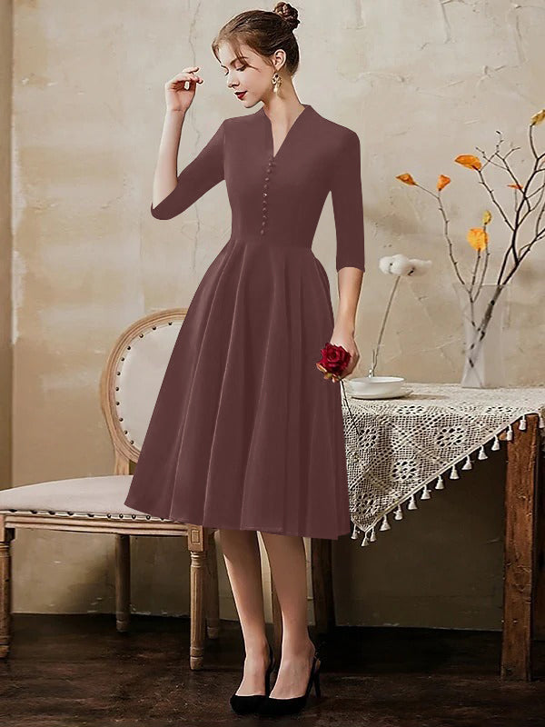 A-Line/Princess V-Neck Half Sleeves Tea-Length Cocktail Dresses with Sleek