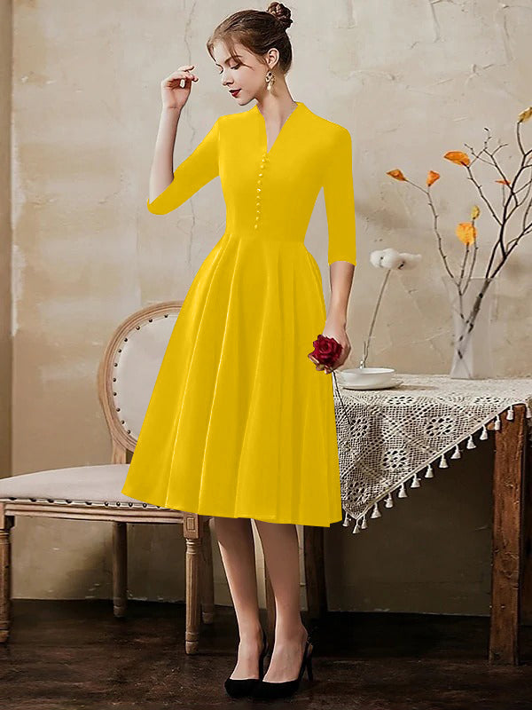A-Line/Princess V-Neck Half Sleeves Tea-Length Cocktail Dresses with Sleek