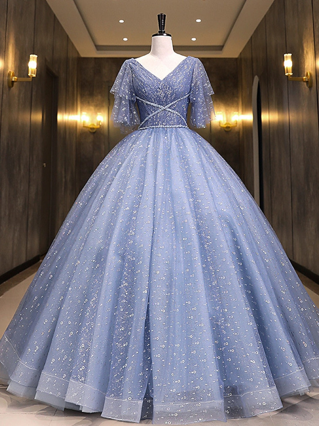 Ball Gown V-Neck Short Sleeves Floor-length Long Prom Dresses with Seq - Mondressy Ball Gown V-Neck Short Sleeves Floor-length Long Prom Dresses with Seq - Mondressy