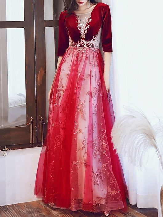 A-Line/Princess Illusion Neck Half Sleeves Floor-Length Prom Dresses with Sequin & Appliques