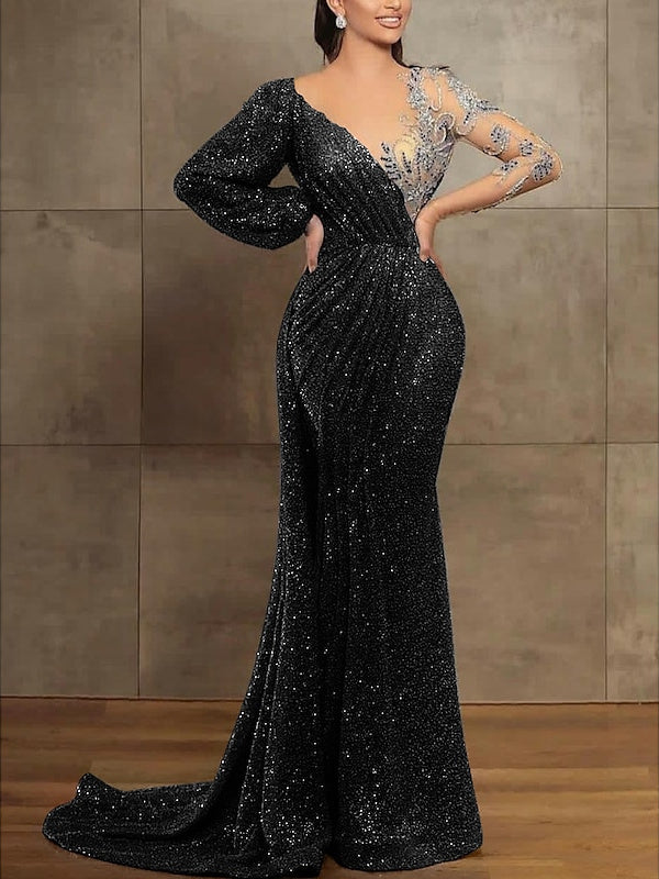 Trumpet/Mermaid Illusion Neck Long Sleeves Sequined Evening Dresses With Sequin & Pleats