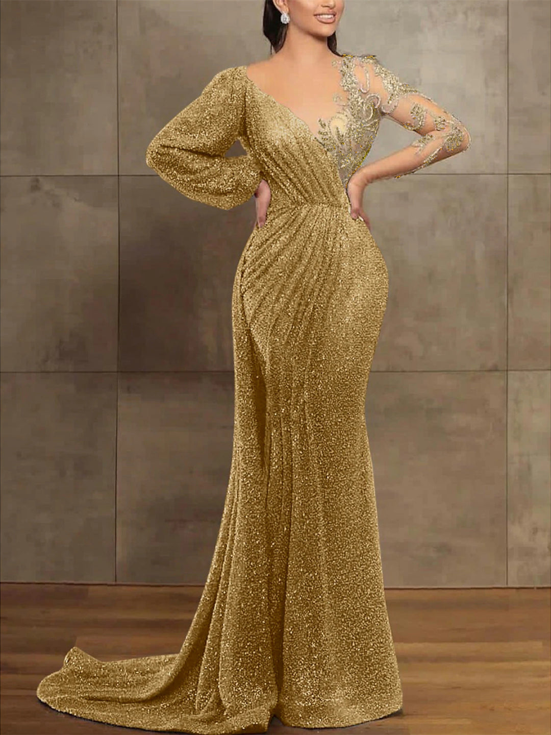Trumpet/Mermaid Illusion Neck Long Sleeves Sequined Evening Dresses Wi - Mondressy Trumpet/Mermaid Illusion Neck Long Sleeves Sequined Evening Dresses Wi - Mondressy