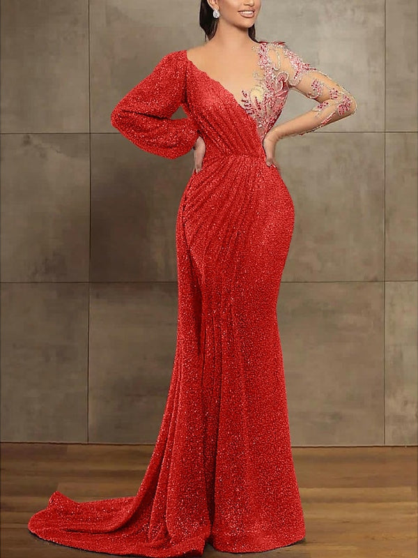 Trumpet/Mermaid Illusion Neck Long Sleeves Sequined Evening Dresses With Sequin & Pleats