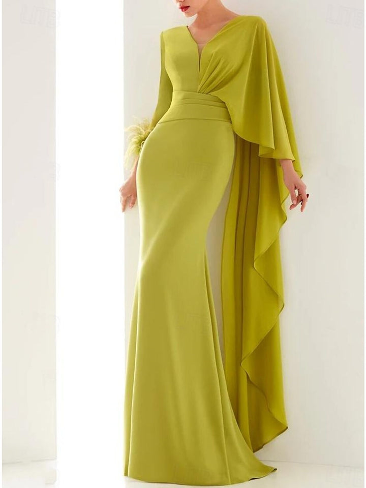 Trumpet/Mermaid V-Neck Long Sleeves Floor-Length Evening Dresses with Feather, Ruffles & Ruched