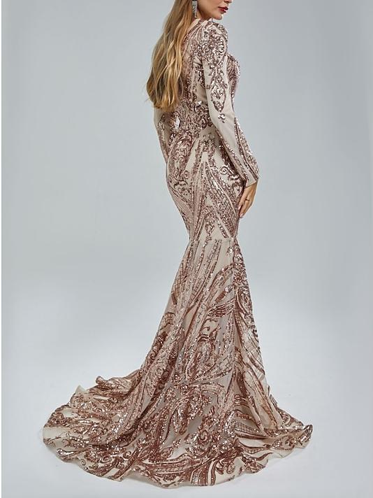 Trumpet/Mermaid V-Neck Long Sleeves Floor-Length Evening Dresses with Sequin