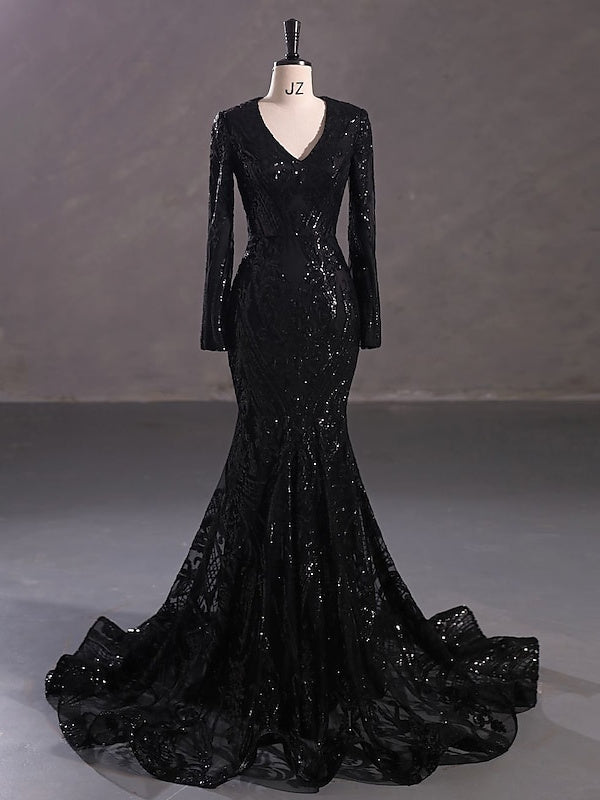 Trumpet/Mermaid V-Neck Long Sleeves Floor-Length Evening Dresses with Sequin