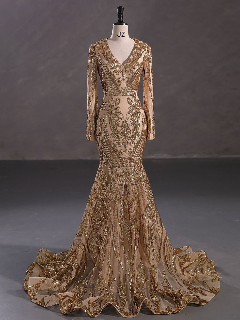Trumpet/Mermaid V-Neck Long Sleeves Floor-Length Evening Dresses with Feather, Ruffles & Ruched main image 0