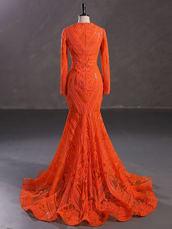 Trumpet/Mermaid V-Neck Long Sleeves Floor-Length Evening Dresses with Feather, Ruffles & Ruched