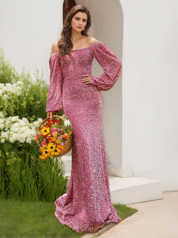 Sheath/Column Off-the-Shoulder Evening Dresses Long Sleeves Floor-length Prom Party Dress With Sequins