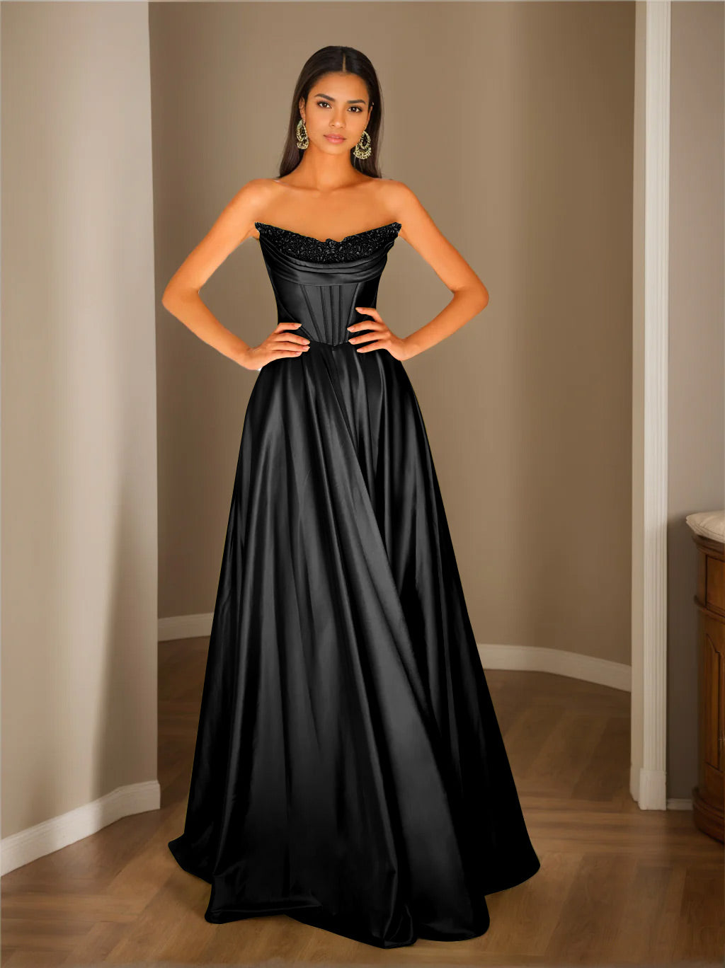 A-Line/Princess Strapless Sleeveless Floor-Length Evening Dress with Sequins