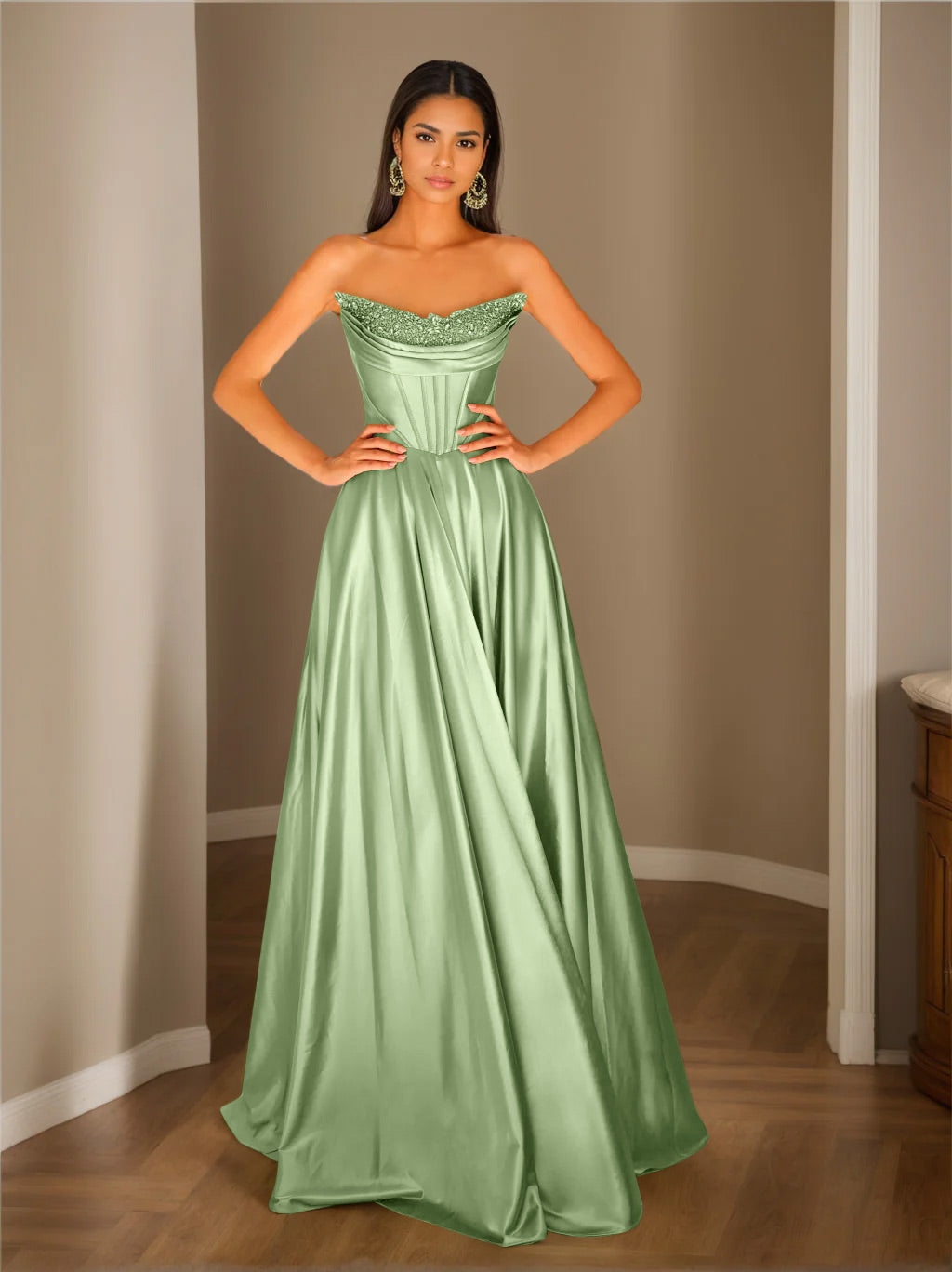 A-Line/Princess Strapless Sleeveless Floor-Length Evening Dress with Sequins