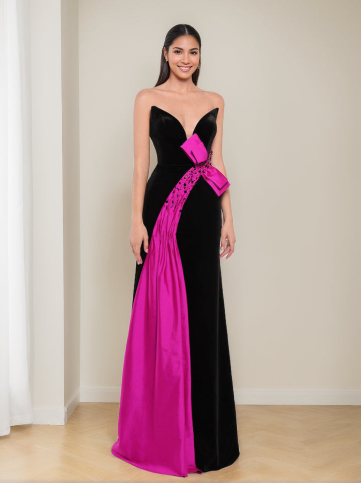 Sheath/Column V-Neck Sleeveless Floor-Length Long Prom Evening Dresses With Bowknot