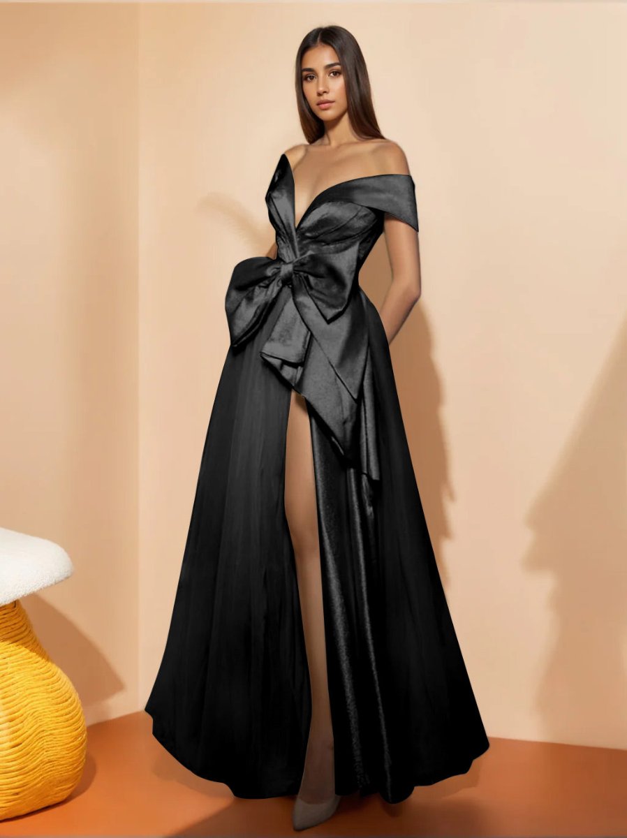 A-Line/Princess Sweetheart Off-the-Shoulder Sleeveless Floor-length Prom Evening Dresses with Split Slit & Bow