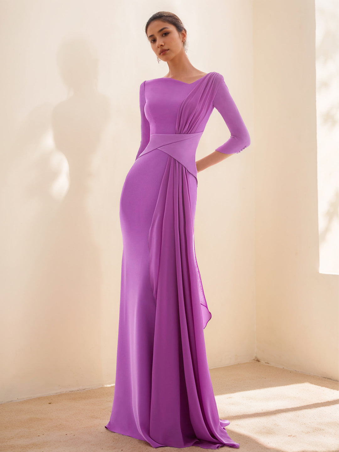 Prom Evening Dresses Sheath/Column Closed neck 3/4 Length Sleeves Floor-length Mother of The Bride Gowns With Ruffles, Purple Prom Evening Dresses Sheath/Column Closed neck 3/4 Length Sleeves Floor-length Mother of The Bride Gowns With Ruffles, Purple
