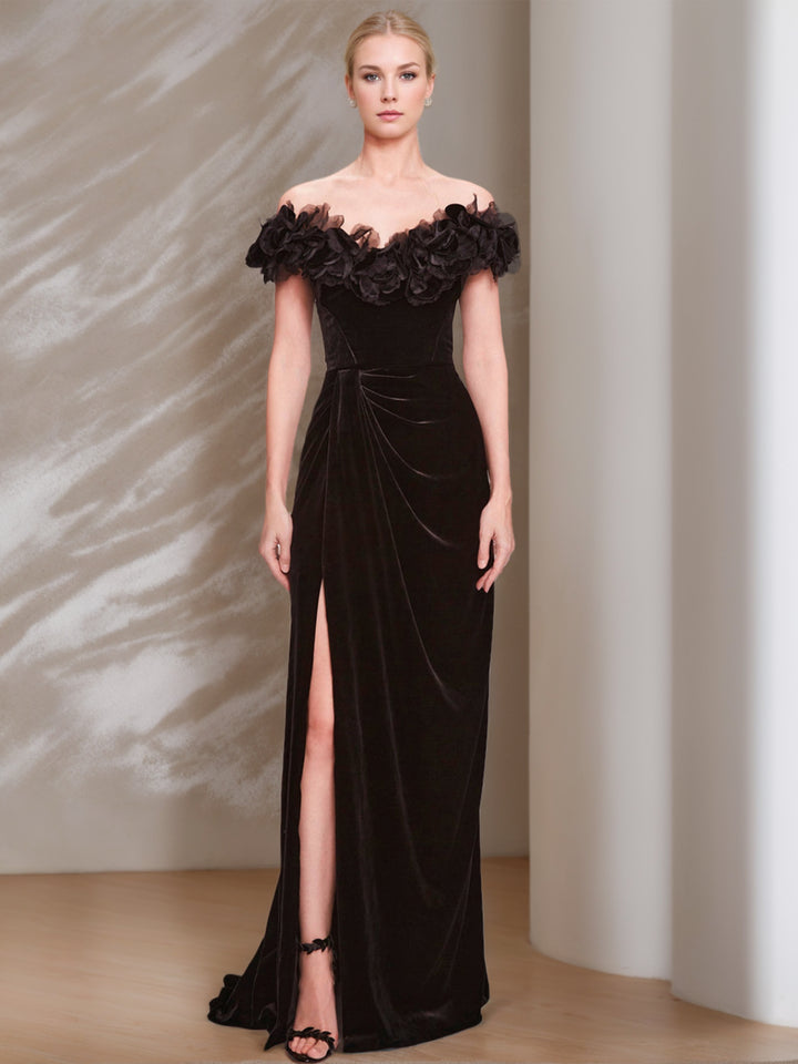 Sheath/Column Off-the-Shoulder Short Sleeves Floor-length Velvet Evening Dresses with Ruffles