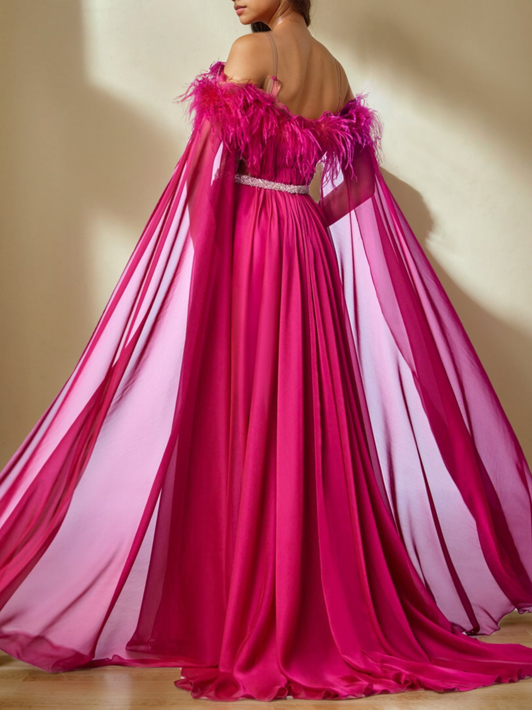 A-Line/Princess Off-the-Shoulder Long Sleeves Floor-Length Evening Dress with Feather