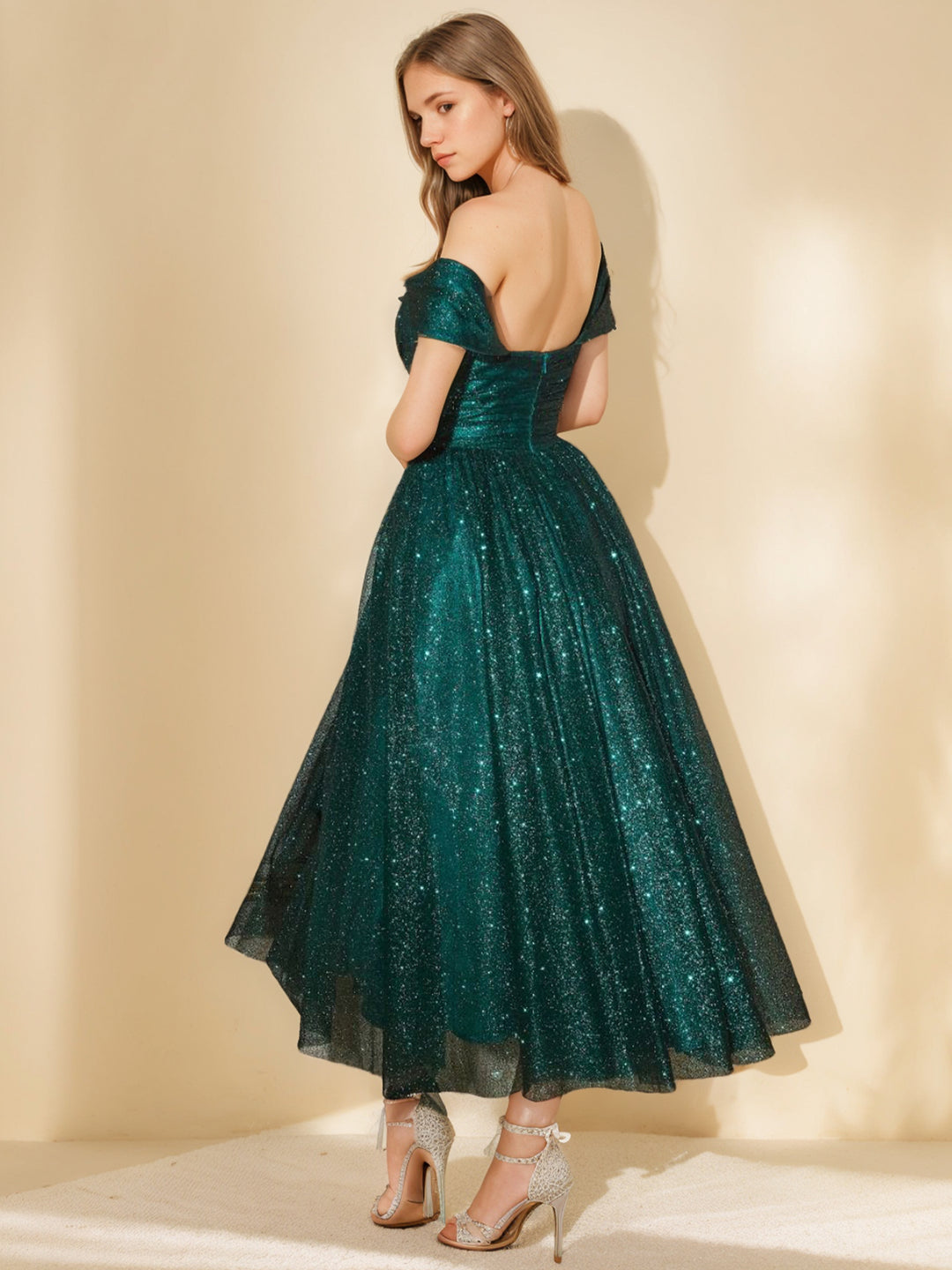 A-Line/Princess Sweetheart Off-the-Shoulder Sleeveless Tea-length Prom Cocktail Dresses with Sequins