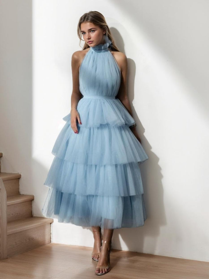 A-Line/Princess  Halter Neck Sleeveless Tea-Length Prom Cocktail Dresses with Lace