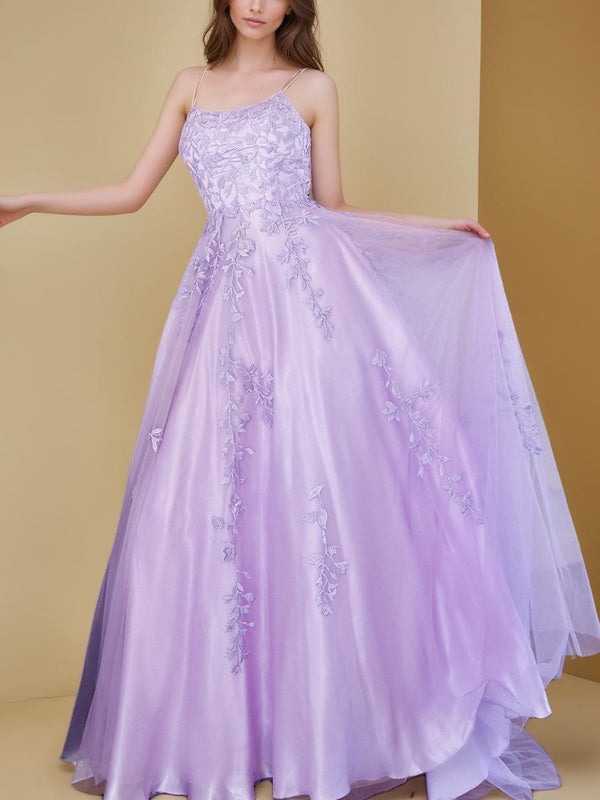 A-Line/Princess Spaghetti Straps Prom Dresses Sleeveless Floor-Length Evening Party Dress with Appliques