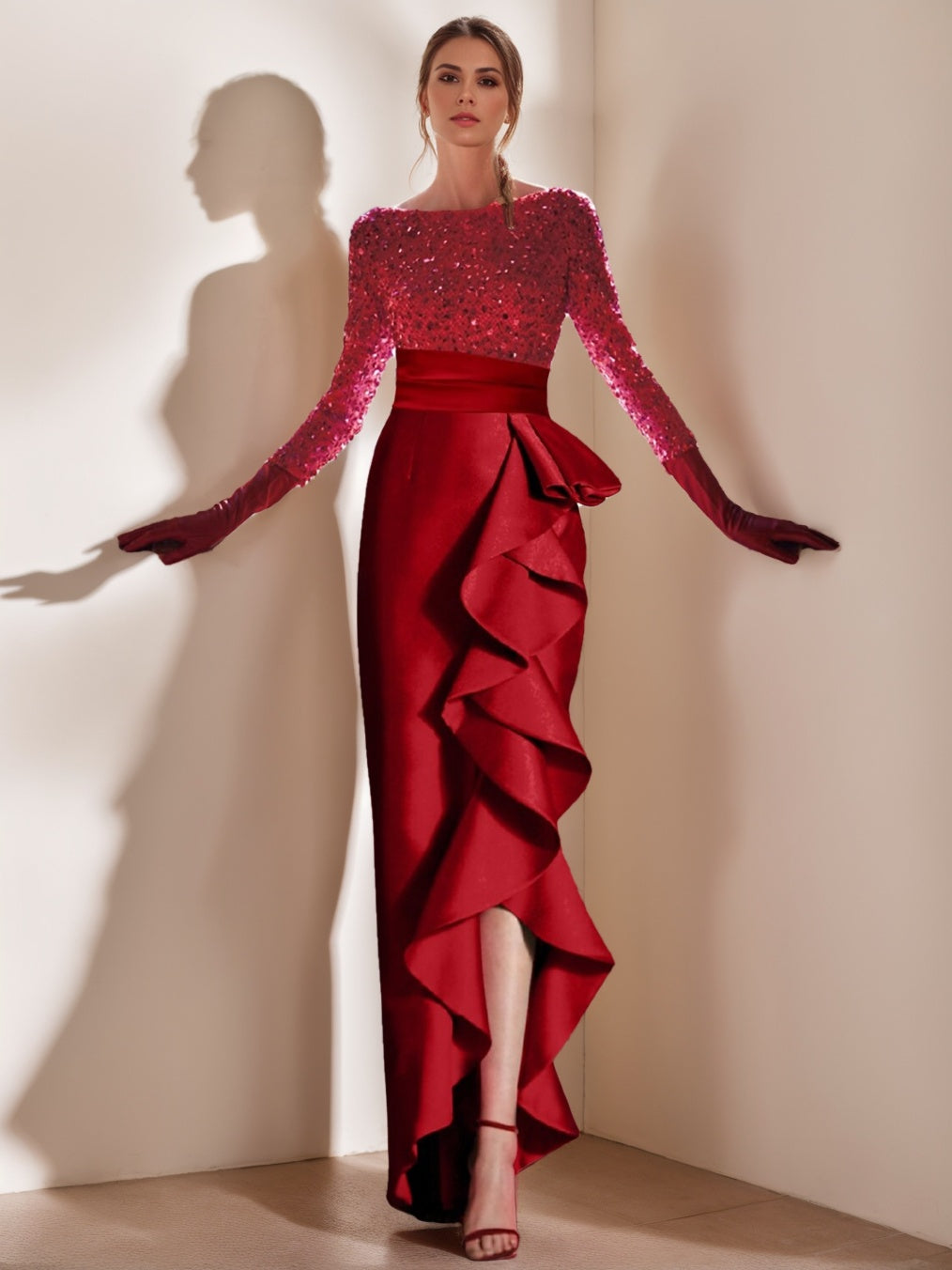 2026 Prom Dress Sheath/Column Jewel Neck Long Sleeves Asymmetrical Evening Ball Gownswith Split Slit & Ruffles, Red