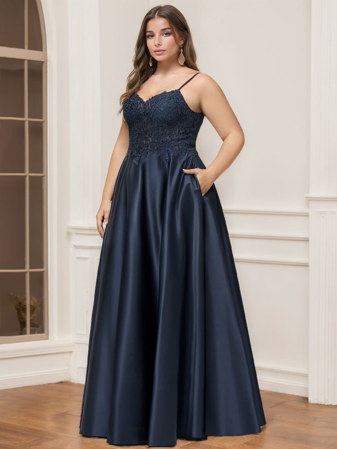 A-Line/Princess V-Neck Spaghetti Straps Sleeveless Floor-Length Plus Size Lace Satin Prom Dresses With Rhinestone, Navy Blue A-Line/Princess V-Neck Spaghetti Straps Sleeveless Floor-Length Plus Size Lace Satin Prom Dresses With Rhinestone, Navy Blue