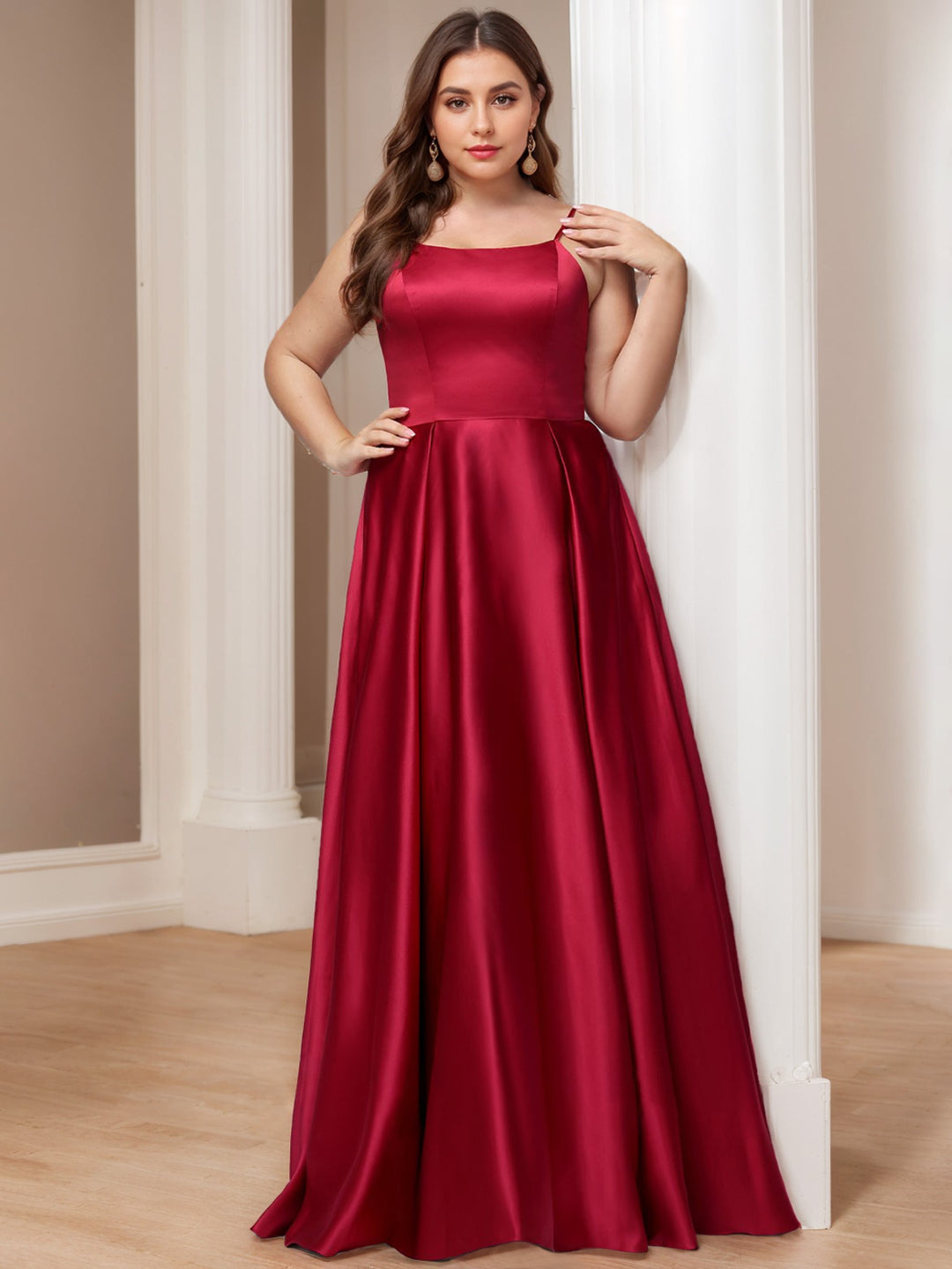 A-Line/Princess Square Neck Sleeveless Floor-Length Plus Size Satin Pr - Mondressy A-Line/Princess Square Neck Sleeveless Floor-Length Plus Size Satin Pr - Mondressy
