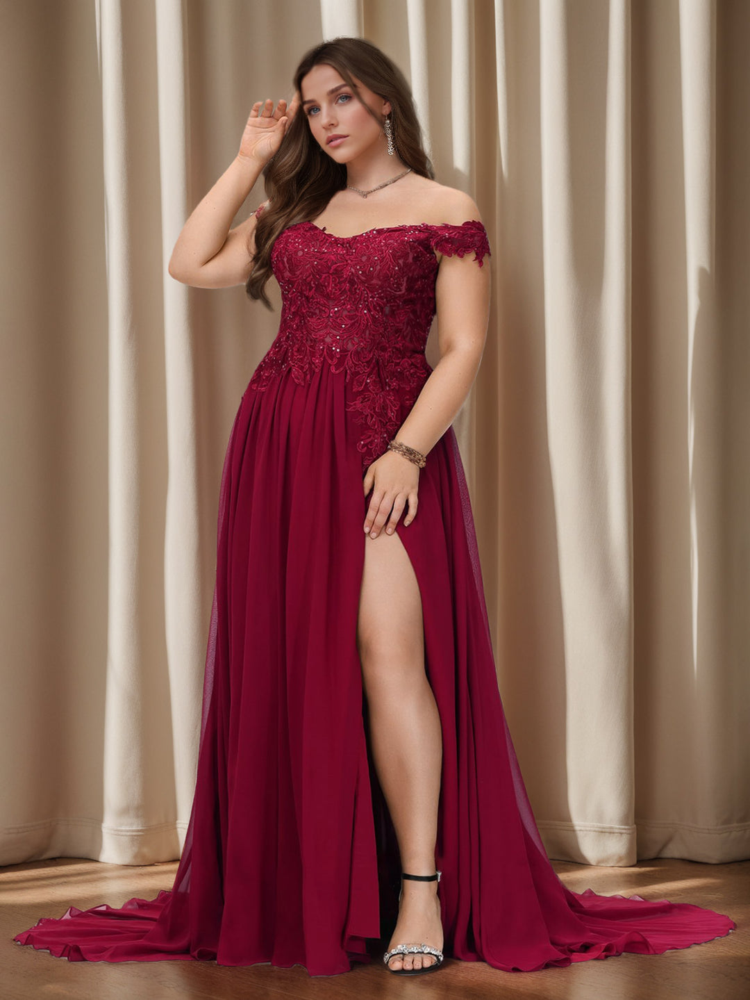 Burgundy Prom Dresses A-Line Off-the-Shoulder Sleeveless Lace Chiffon Lace Formal Wedding Guest Evening Ball Gowns, Burgundy Burgundy Prom Dresses A-Line Off-the-Shoulder Sleeveless Lace Chiffon Lace Formal Wedding Guest Evening Ball Gowns, Burgundy