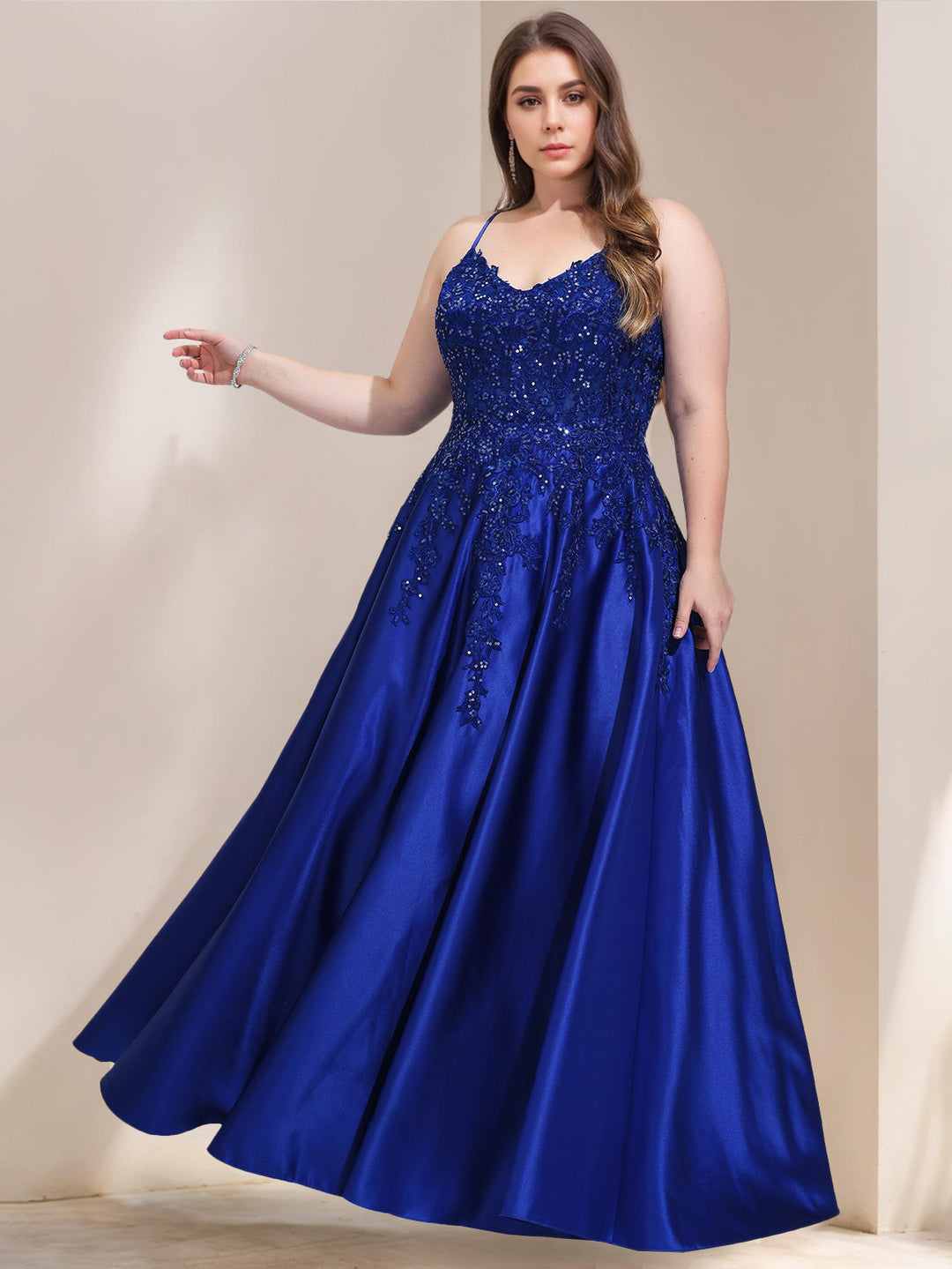 A-Line/Princess V-Neck Sleeveless Satin Lace Plus Size Prom Dresses Wi - Mondressy A-Line/Princess V-Neck Sleeveless Satin Lace Plus Size Prom Dresses Wi - Mondressy