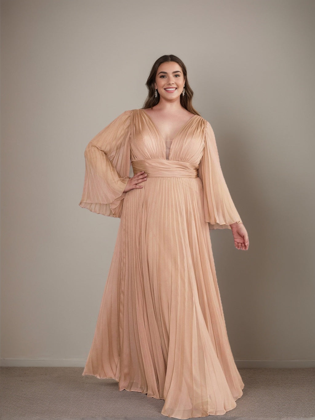A-Line/Princess Deep V-Neck Long Sleeves Floor-Length Plus Size Prom D