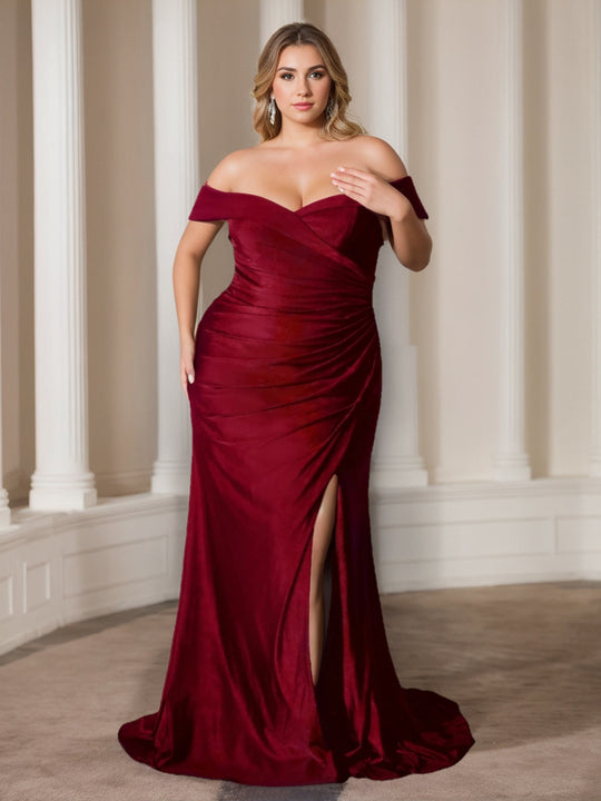 Sheath/Column Strapless Sleeveless Floor-Length Plus Size Prom Dresses With Split Side & Ruffles main image 1