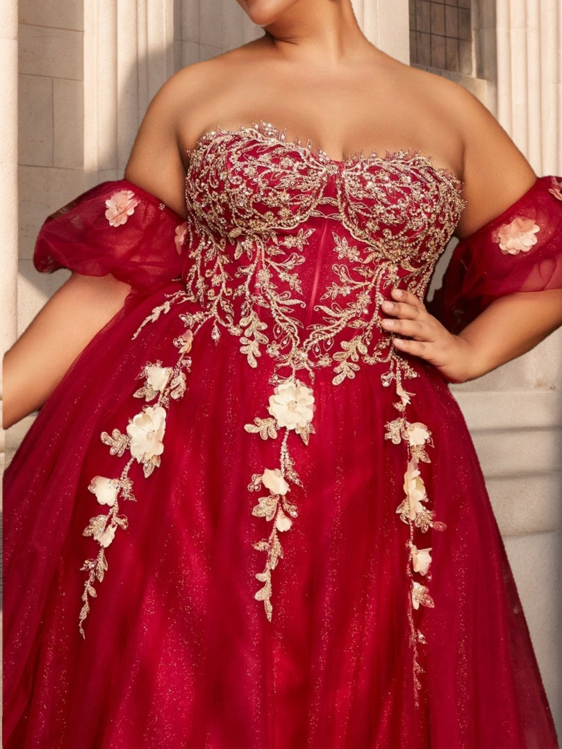Ball Gown Strapless Sleeveless Floor-Length Plus Size Tulle Prom Dresses With Sequins and Appliques Champagne