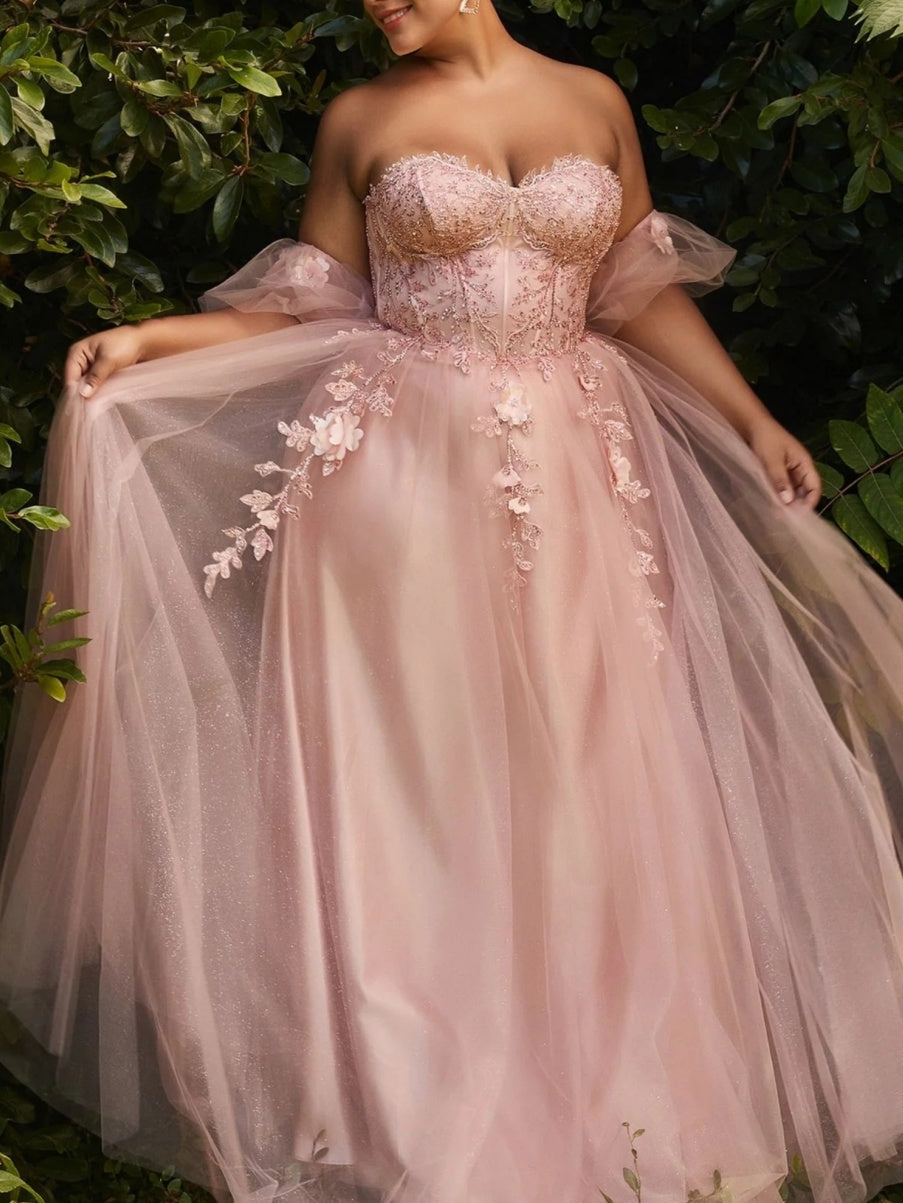 Strapless Prom Ball Gown Blush Pink 2026 Women's Tulle Sleeveless Floor-Length Plus Lace Appliques Formal Wedding Guest Evening Dresses, Blush Pink