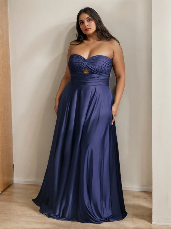 A-Line/Princess Strapless Sleeveless Floor-Length Plus Size Prom Dresses With Ruffles