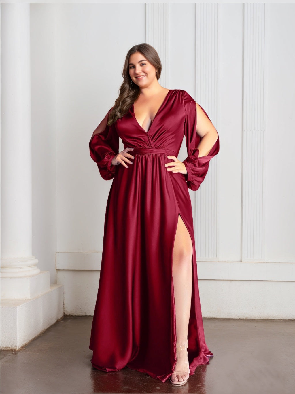 Long Sleeves Formal Evening Ball Gowns Burgundy Women's A-Line/Princess Deep V-Neck Floor-Length Plus Prom Dresses with Split Side, Burgundy Long Sleeves Formal Evening Ball Gowns Burgundy Women's A-Line/Princess Deep V-Neck Floor-Length Plus Prom Dresses with Split Side, Burgundy