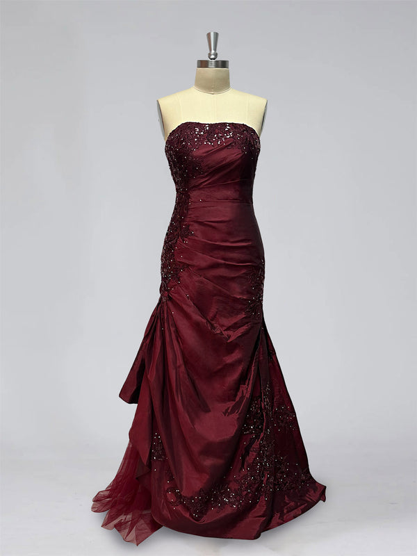 Trumpet/Mermaid Strapless Sleeveless Floor-Length Taffeta Prom Dresses with Ruffles，Embroidery & Beadings