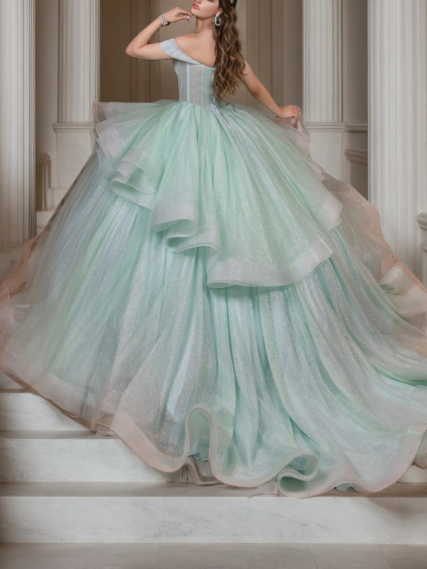 Ball Gown Off-the-Shoulder Sleeveless Floor-length Tulle Long Prom Dresses with Crystal Beadings