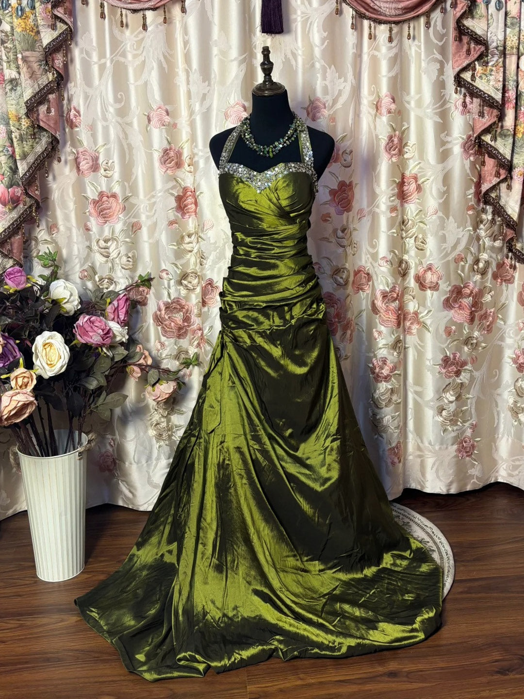 maggie sottero olive green dress Halter Formal Evening Ball Gowns 2026 Classic Women's A-Line/Princess Halter Neck Sleeveless Floor-Length Taffeta Prom Dress, As Pic Color:Bridal Silver/Silver* Long Sleeve Crystal Neck Pocketed and pairs well model-miccy
