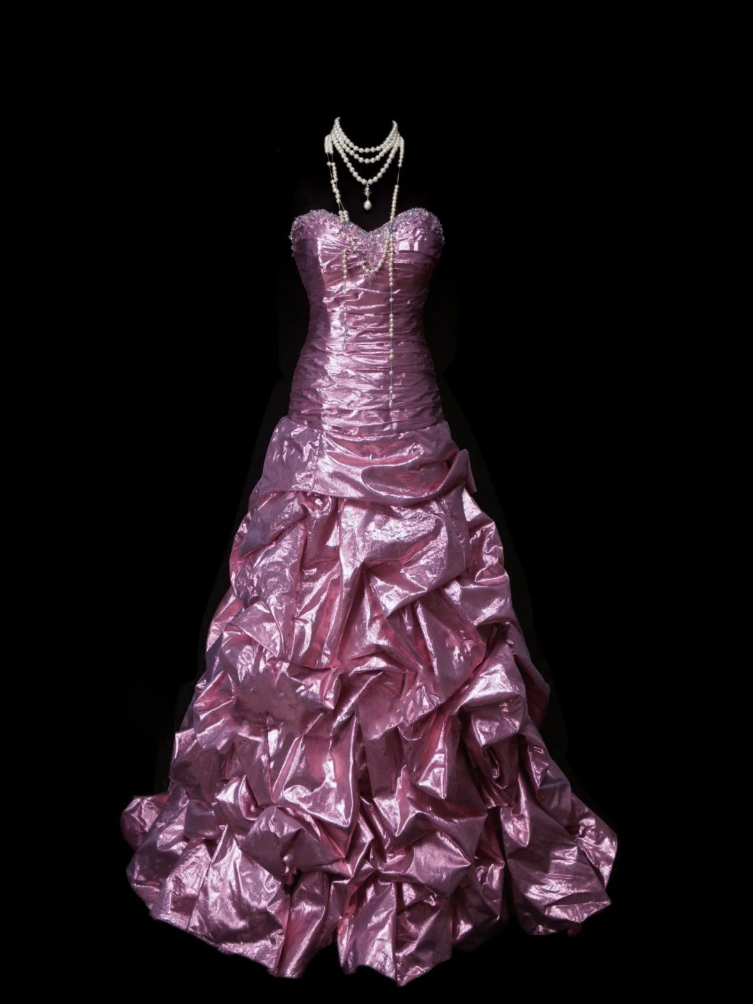 pink taffeta prom dress Custom-made Vintage Taffeta strapless homecoming Dress with Bow and Ruffled Sweep Train