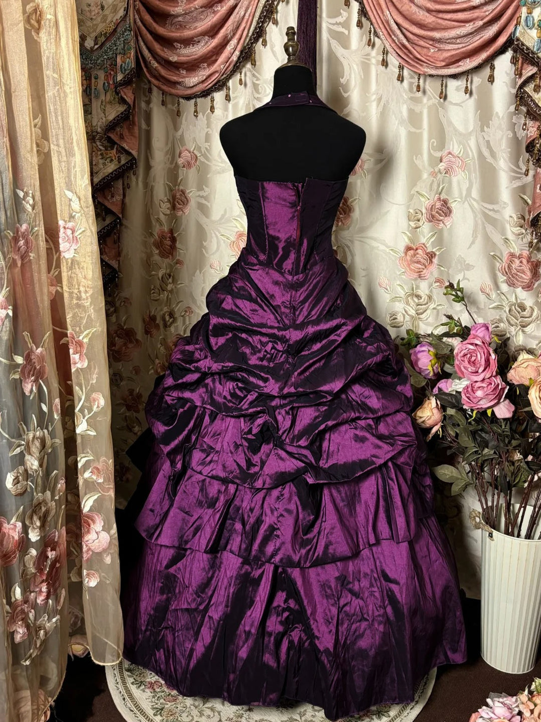 halter neck dress with ruffle bottom dark purple prom Prom Ball Gowns 2026 Women's A-Line Halter Neck Sleeveless Floor-Length Taffeta Formal Evening Ball Gowns with Ruffles & Hot Diamond, Grape