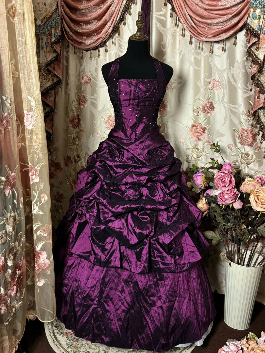 Prom Ball Gowns 2026 Women's A-Line Halter Neck Sleeveless Floor-Length Taffeta Formal Evening Ball Gowns with Ruffles & Hot Diamond, Grape Prom Ball Gowns 2026 Women's A-Line Halter Neck Sleeveless Floor-Length Taffeta Formal Evening Ball Gowns with Ruffles & Hot Diamond, Grape