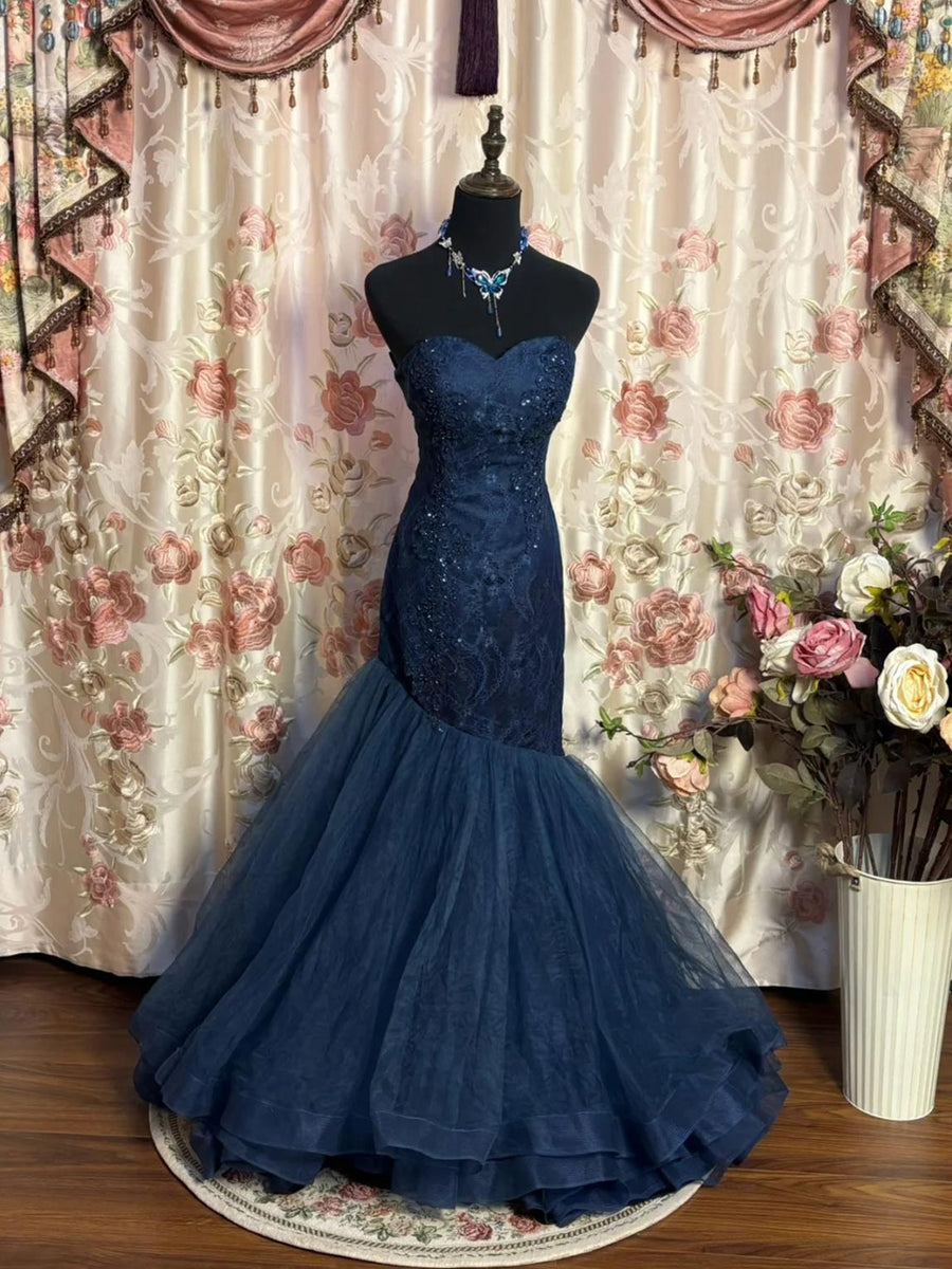 Mermaid Prom Dresses 2026 Women's Navy Blue Sheath Sweetheart Sleeveless Floor-Length Taffeta Lace Tulle Formal Evening Gowns with Sequins, Navy Blue Mermaid Prom Dresses 2026 Women's Navy Blue Sheath Sweetheart Sleeveless Floor-Length Taffeta Lace Tulle Formal Evening Gowns with Sequins, Navy Blue