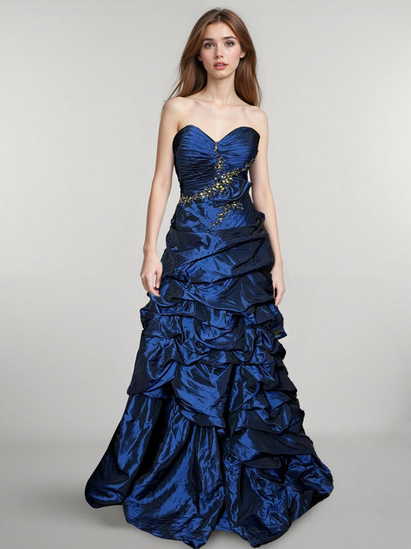 A-Line/Princess Sweetheart Sleeveless Floor-Length Taffeta Unique Prom Dresses with Ruffles & Sequins