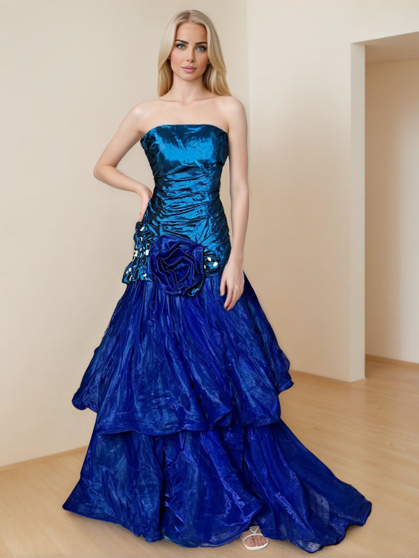 A-Line/Princess Strapless Sleeveless Floor-Length Taffeta Unique Lace Prom Dresses with Ruffles & Flowers