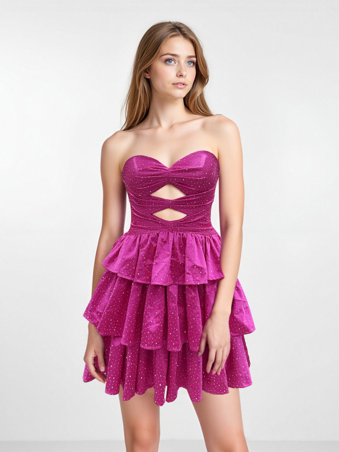 A-Line/Princess Spaghetti Straps Sleeveless Short/Mini Homecoming Dresses with Tiered Tulle & Rhinestones & Lace-Up - Mondressy A-Line/Princess Spaghetti Straps Sleeveless Short/Mini Homecoming Dresses with Tiered Tulle & Rhinestones & Lace-Up - Mondressy