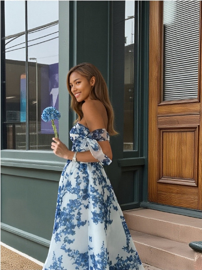 A-Line/Princess Off-the-Shoulder Sleeveless Tea-Length Floral Homecoming Dresses